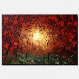 dense forest in red light trees wall decor