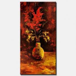 vertical painting of vase and red flowers