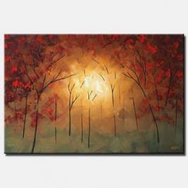 abstract sunrise painting in red forest blossom