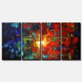 multi panel abstract canvas in red and blue tones