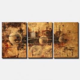 triptych abstract painting of circles on rusty background