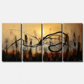 multi panel abstract painting of rusty cityscape