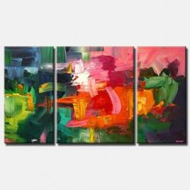 pink and green abstract painting colorful triptych