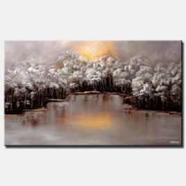 landscape painting white forest near a river