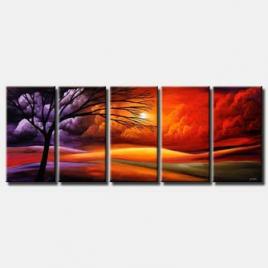 multi panel landscape painting of sunset in red