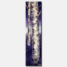 narrow vertical painting of two birch trees