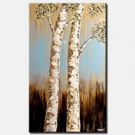 textured painting two birch trees vertical