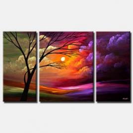 colorful sunset tree clouds triptych