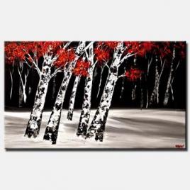 textured birch trees at night red white black