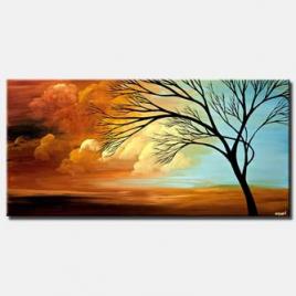 horizontal painting of sunrise and brown clouds