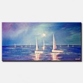 horizontal painting of white sail boats in the ocean