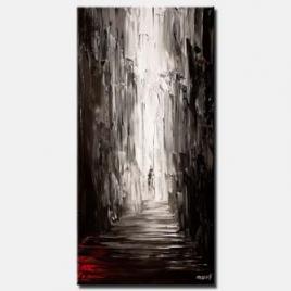 vertical painting of an alley in black and white