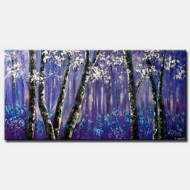 purple forest of blooming birch trees  horizontal