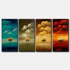 multi panel painting of trees and colorful clouds