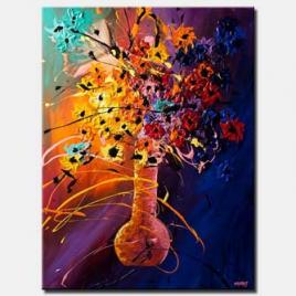 abstract painting of vase with colorful flowers