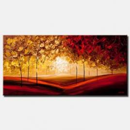 red and yellow blooming trees painting