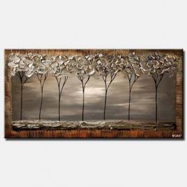 painting of seven gray trees in a row