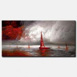 red sail boat seascape painting modern palette knife