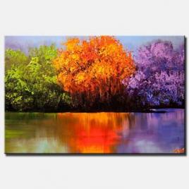 colorful landscape painting blooming trees on a lake
