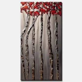 silver birch tree abstract  painting red tree tops palette knife