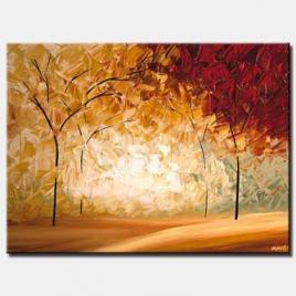 warm tones landscape painting blooming forest trees palette knife