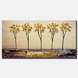 golden blooming trees on silver abstract landscape painting textured