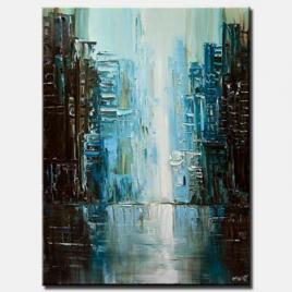 teal abstract city painting modern palette knife