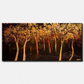 golden blooming trees on black painting abstract landscape textured