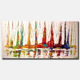 colorful sailboats textured contemporary white abstract seascape painting