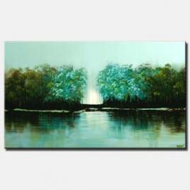 canvas print of green forest reflection water bank