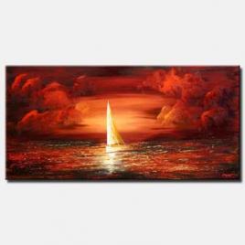 canvas print of sailing boat red clouds
