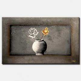 canvas print of gray vase with 2 roses gray background