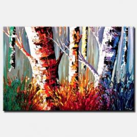 canvas print of colorful tree trunks in forest