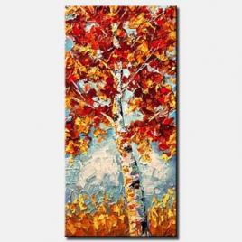 canvas print of blooming birch tree in red and yellow