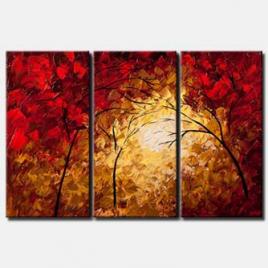 canvas print of triptych of red blooming trees