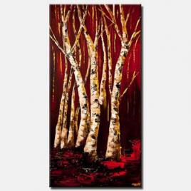 gold birch trees landscape painting red abstract painting
