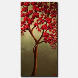 canvas print of Red Blooming Tree Painting on Olive Background