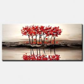 canvas print of red blooming trees on white textured landscape painting
