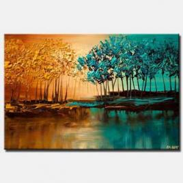 canvas print of modern landscape textured blooming trees painting