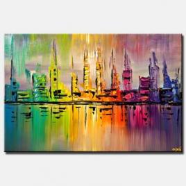 canvas print of colorful skyline city painting palette knife