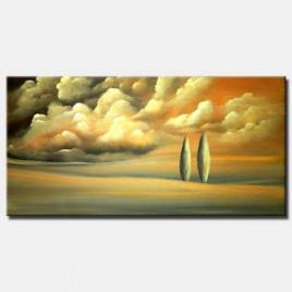 cypress trees over cloudy landscape painting