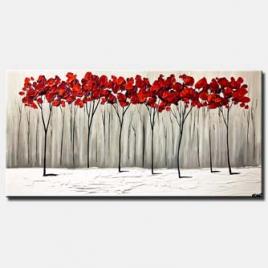 canvas print of red blooming trees winter painting palette knife