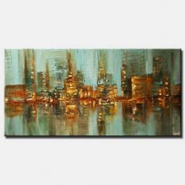 canvas print of Abstract city lights painting water reflection skyscrapers heavy texture