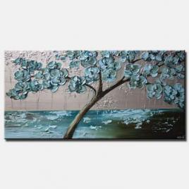 canvas print of flowering tree painting light blue silver palette knife