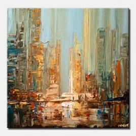 city abstract painting blue brown textured skyscrapers abstract painting