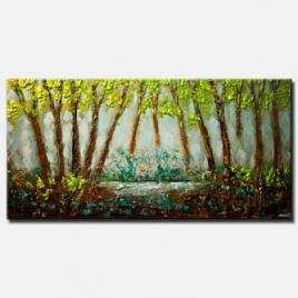 canvas print of Textured landscape abstract blooming trees green blue painting