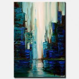 blue green city abstract painting textured cityscape painting