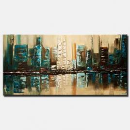 modern textured teal abstract city painting