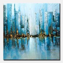 canvas print of blue textured abstract city painting