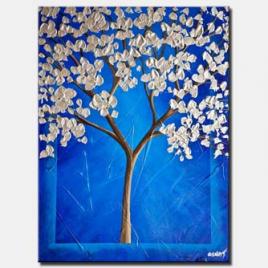 cherry blossom painting blue silver blooming tree painting